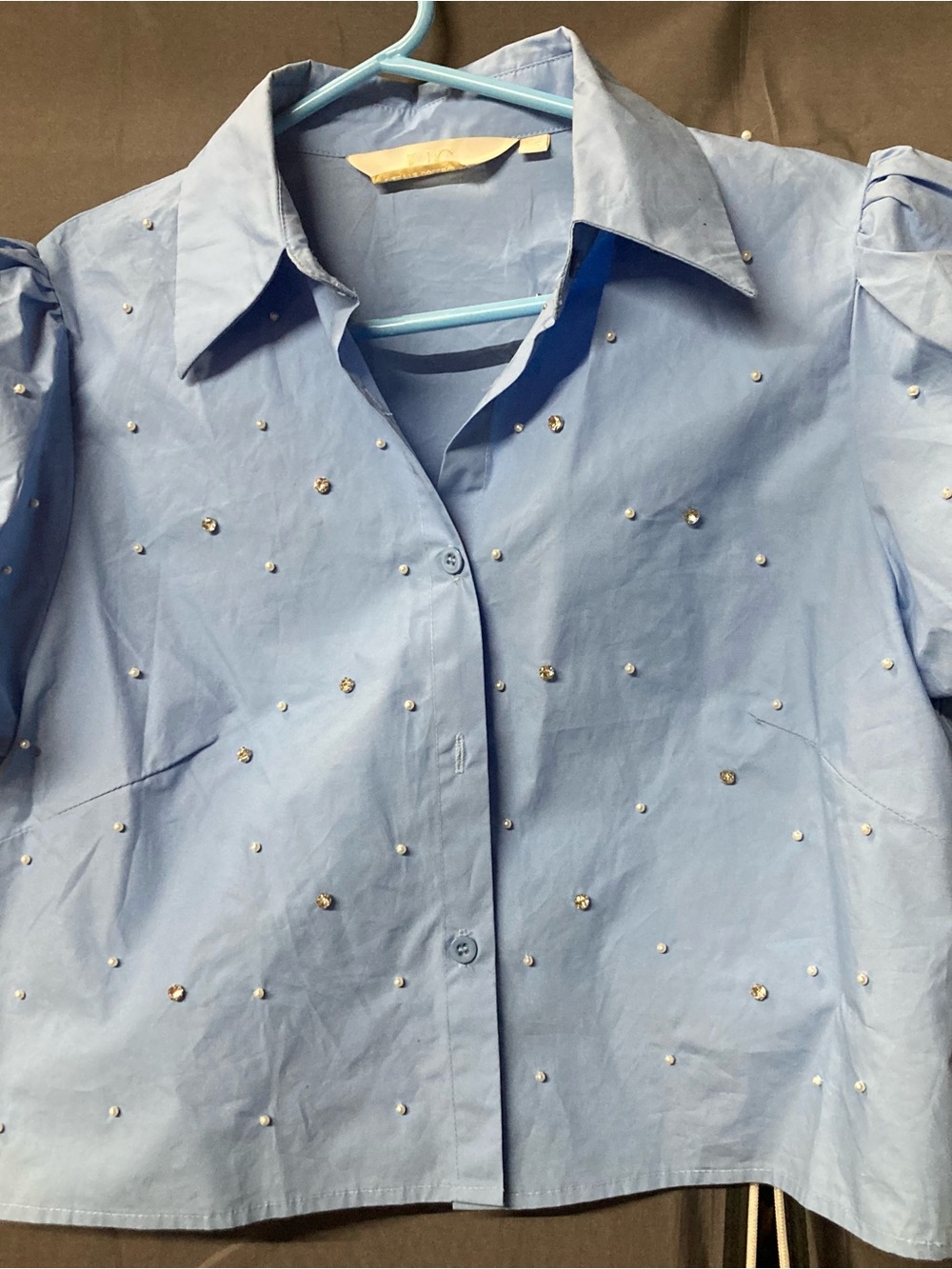 Light Blue Women’s Button-Front Shirt with Rhinestone Accents